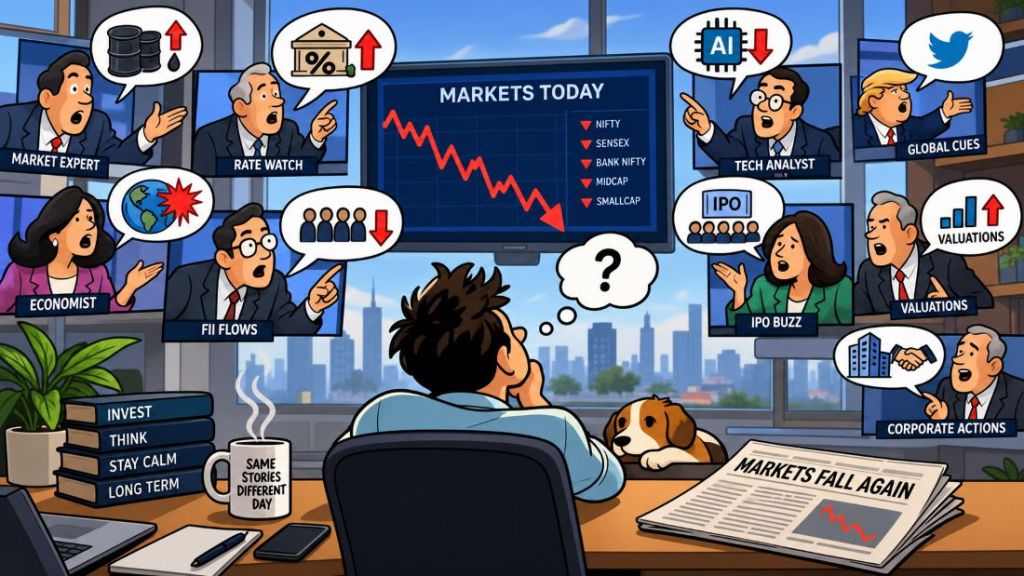 A person sitting at a desk with a dog, looking at a wall screen displaying a downward trend in the stock market, surrounded by various analysts discussing market topics, with text displaying 'Markets Fall Again' and other financial indicators.