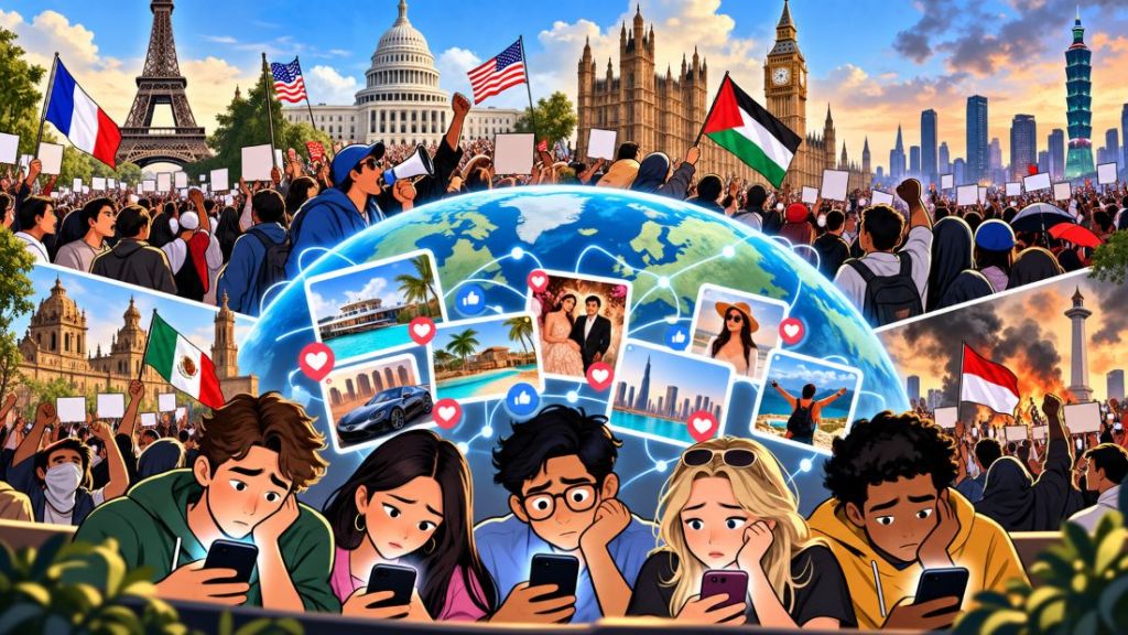 An illustration depicting a global protest scene with iconic landmarks like the Eiffel Tower, US Capitol, and Big Ben. In the foreground, four young adults are focused on their smartphones, while a diverse crowd holds up signs in a vibrant, colorful environment.