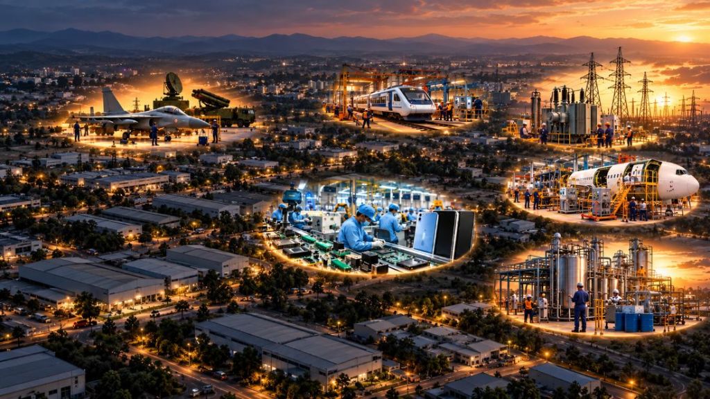 A panoramic view of an industrial landscape featuring various sectors, including aerospace with a fighter jet, military vehicles, railway construction, manufacturing assembly lines, and a chemical processing plant, illuminated by sunset.